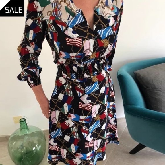 New printed V-neck long sleeve elastic waistband slimming A- line  dress - Picture 6 of 6